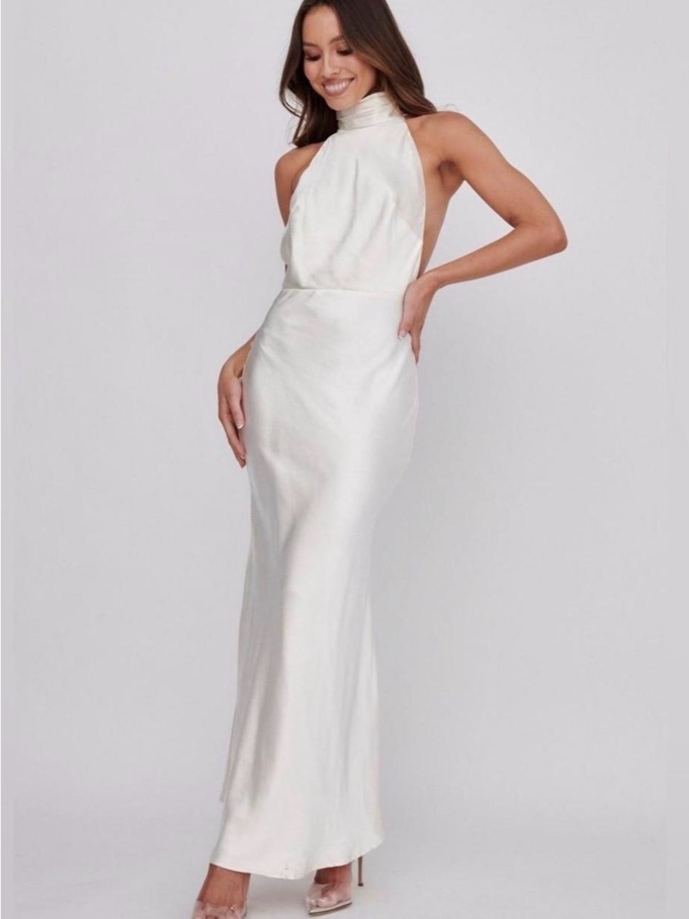 NWT selfie Leslie halter, mock neck, open back, pearl oyster color maxi dress